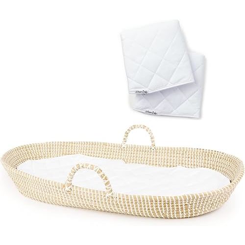 Baby Changing Basket - Handmade Moses Basket Changing Basket for Baby Table Topper - 2 Organic Cotton Washable Diaper Changing Pads CPSC Compliant