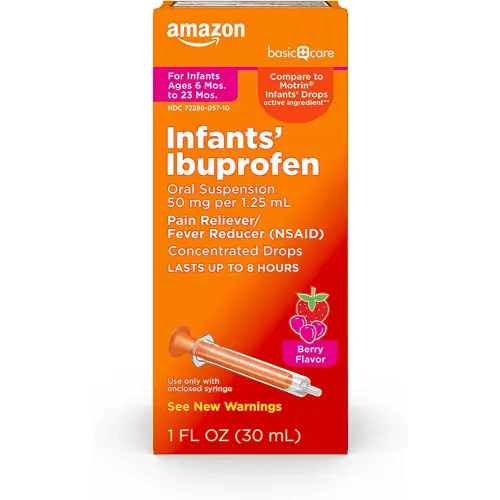 Amazon Basic Care Infants' Ibuprofen Oral Suspension Drops, 50 mg per 1.25 mL, Berry Flavor, For Minor Aches and Pains, Sore Throat, Headache Relief and More, 1 fl oz (Pack of 1)