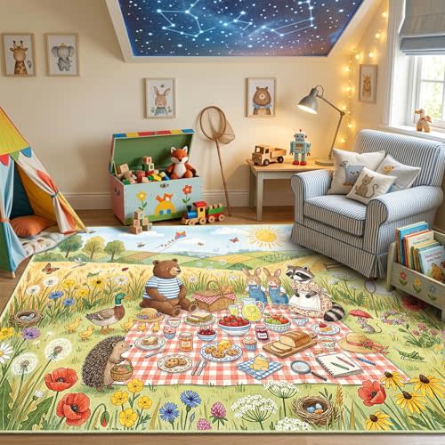 Large Washable Kids Area Rug for Playroom -5x7 Cute Forest Animals Meadow Picnic Storybook Area Rug, Non-Slip Soft Carpet for Boys & Girls Bedroom,Educational Toddler Learning Play Mat