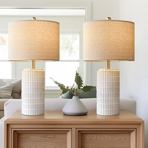 PoKat 23" Modern Ceramic Table Lamp Set of 2 for Living Room White Desk Lamps for Bedroom Farmhouse Bedside Nightstand Lamp House Warming Gifts New Home Decor End Table Lamps Gifts for Women Mom Beige