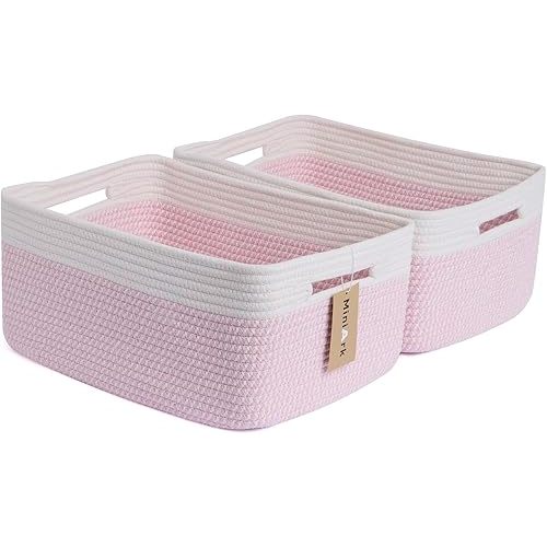 MiniArk Large Storage Baskets for Shelves, Closet Organizers Bins for Clothes Blanket Towels, Baby Nursery, Toy Baskets Box, Woven Rope Baskets, 17 x 13 x 7.5”, 2 Packs Woven Pink