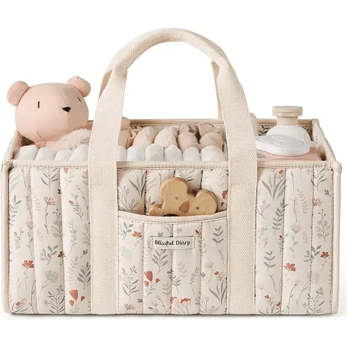Blissful Diary Floral Diaper Caddy Organizer, Stylish Nursery Storage Basket, Gift for Baby Shower, Newborn Essentials, Floral Beige