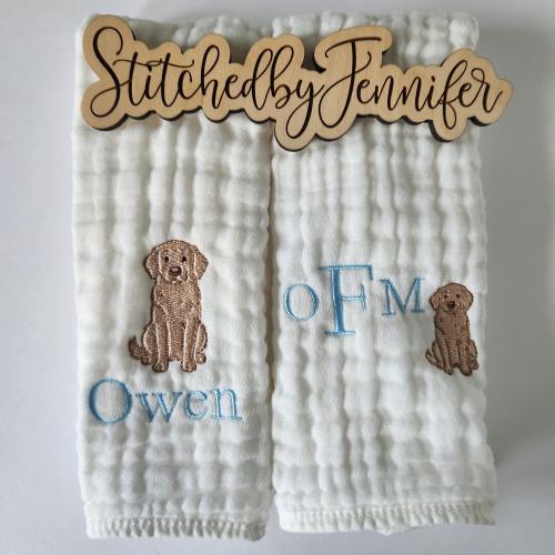 Golden Retriever Personalized Baby Burp Cloths, Monogram, Embroidered, Baby Boy, Baby Girl, Single or Set of 2.