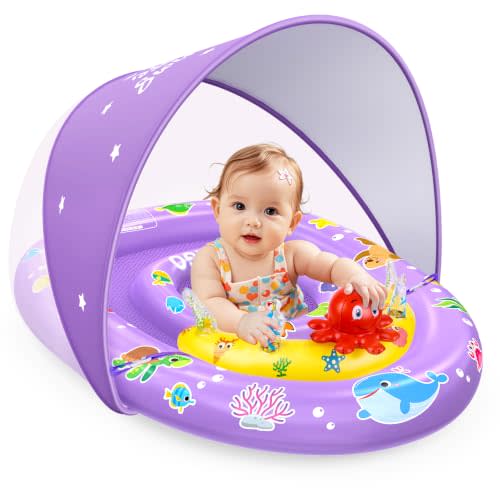 EZIGO Baby Pool Float with Canopy UPF50+, Toddler Swim Floats 6-36 Months | Inflatable Kids Float with Squeaky Toys, Secure Adjustable Seat, Infant Swimming Floatie, Summer Beach Essential for Girls