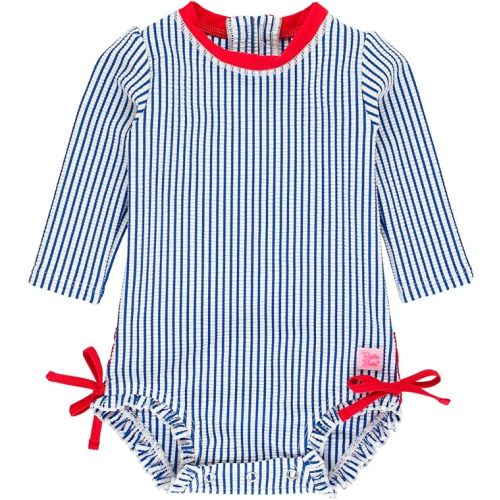 RuffleButts Baby/Toddler Girls Seersucker Long Sleeve One Piece Rash Guard Swimsuit with UPF 50+ Sun Protection