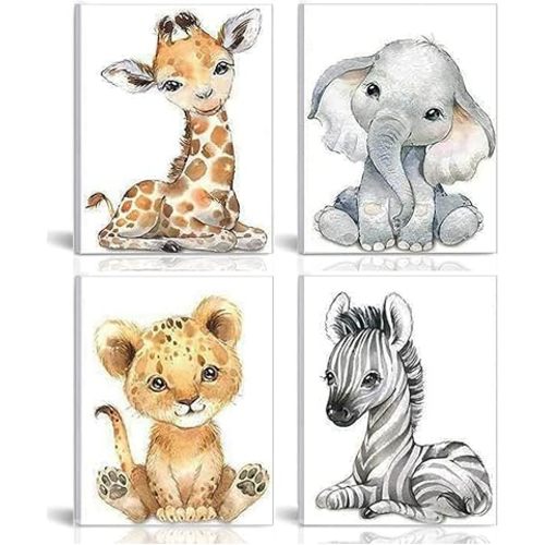 Baby Safari Animals Nursery Wall Decor,Framed Watercolor Woodland Cute Animal Canvas Print Posters Gifts for Living Room Boys Girls Bedroom Decorations(Set of 4,8 x10inch)