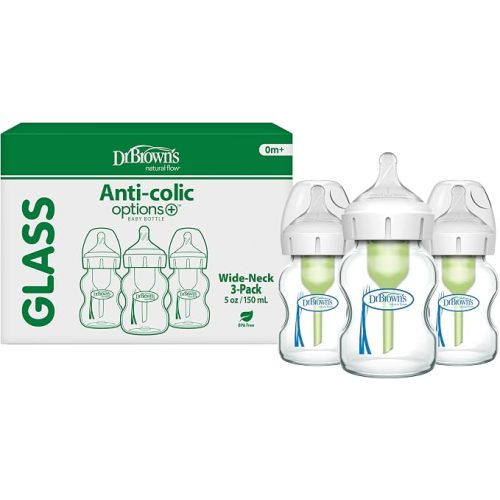 Dr. Brown's Options+ Wide-Neck Glass Baby Bottles, 5 Ounce, 3 Pack