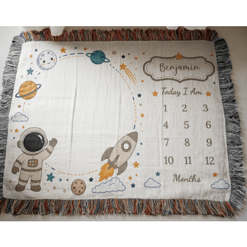 Personalized Space Milestone Blanket, Baby Boy Monthly Growth Tracker,