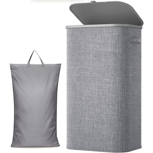 Lifewit 105L Large Laundry Basket with Lid, Laundry Hamper with Plastic Handles and Removable Bag, Foldable Tall Dirty Clothes Hampers for Laundry for Laundry Room, Bedroom, Bathroom, Dorm, Light Gray