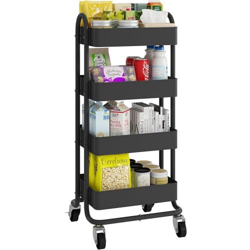 4-Tier Black Rolling Cart,Metal Rolling Utility Cart with Handle,Multifunction Rolling Carts with Wheels,Kitchen Storage Carts Suitable for Office,Home,Kitchen,Garden（13.4"x18.1"x40"） Black