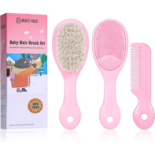 3 Piece Baby Hair Brush and Comb Set for Newborns and Toddlers (Pink)