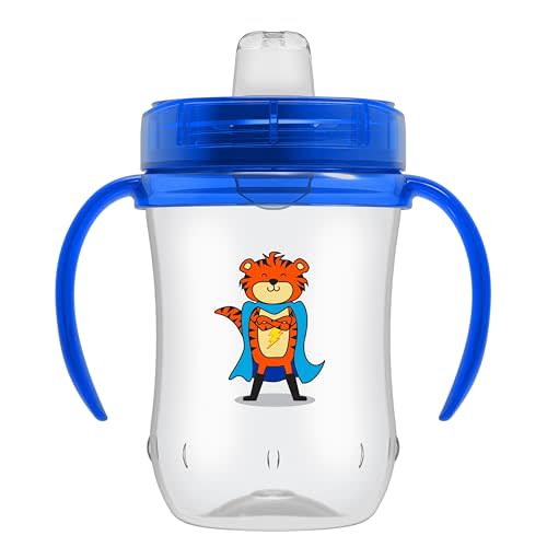 Dr. Brown's Milestones Soft Spout Sippy Cup with Handles, Blue Tiger Hero, BPA-Free, 9 oz/270 mL, 9m+