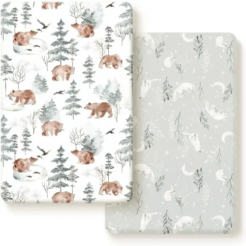 Stretchy Ultra Soft Jersey Knit Fitted Pack and Play Sheets Set 2 Pack, Portable/Mini Crib Sheets Safe and Snug Fitted for Boys and Girls, Cute Bear and Wolf Pattern