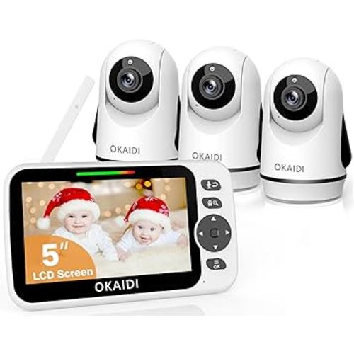 OKAIDI Video Baby Monitor with 3 Cameras, 5" Display Baby Monitor No WiFi, 30H Battery and 1000ft Range, 2-Way Talk, 8 Lullabies, Remote Pan-Tilt-Zoom Baby Camera for Baby/Pet/Elderly