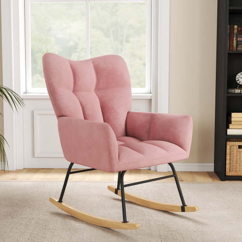 LOGYAT Nursery Rocking Chair, Glider Rocker with High Backrest, Safety Anti Tip Design, 440 Lb. Capacity, Rocking Accent Chair with Padded Seat, Cotton Fabric Cover, for Bedroom Living Room, Pink