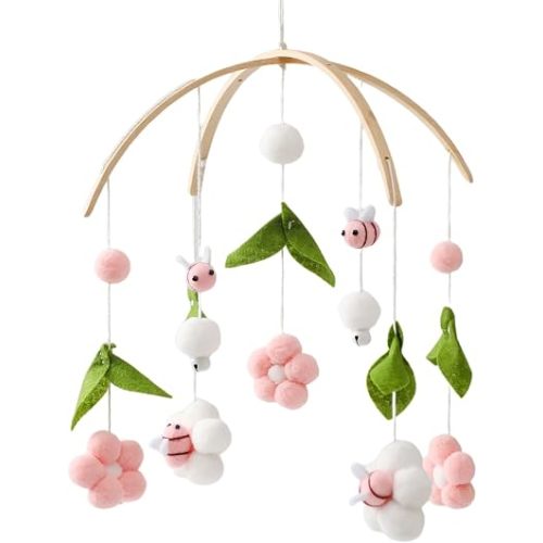 OESSUF Baby Mobile for Crib, Crib Nursery Mobile for Boys Girls, Boho Bee Flower Nursery Decor Soothe Toy Baby Shower Set for Infant Bedroom Hanging Decoration Toy, Pink