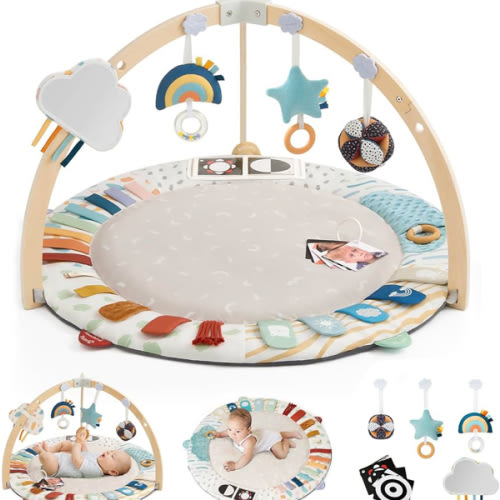 Blissful Diary Baby Play Gym & Activity Mat, 5 Developmental Zones Wooden Tummy Time Mat with 5 Detachable Sensory Toys for Motor Skills & Sensory Development, Baby Essentials Shower Gift