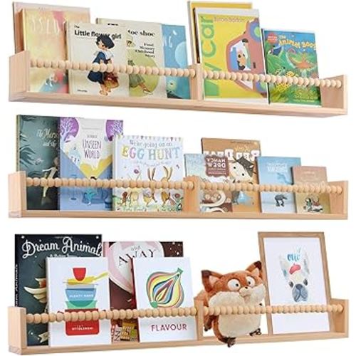 Nursery Book Shelves for Kids Rooms - 32 Inches Floating Wall Bookshelves Set of 3, Space-Saving Nursery Shelves with Beads Design for Kids Room, Bedroom and Study Room(Natural)