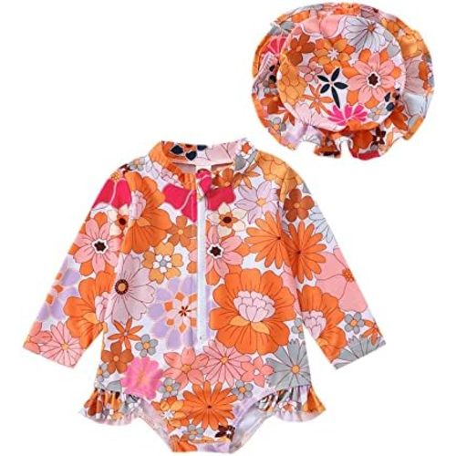 Infant Toddler Baby Girl One-Piece Swimsuit Floral/Flamingo Print Zipper Long Sleeve Ruffled Swimwear Bathing Suit