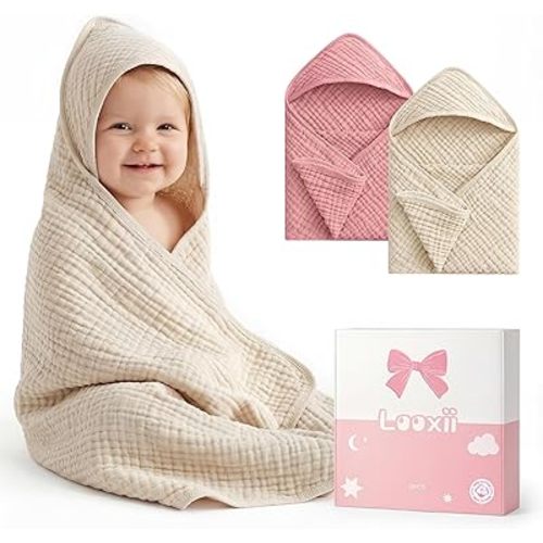 Looxii Baby Bath Towels 2 Pack Muslin Hooded Baby Towels for Newborn and Infants, 100% Cotton, Large 32x32Inch, Soft and Absorbent Beige+Pink