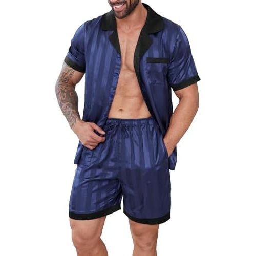 DEARCASE Mens Pajamas Set Satin Silk Pajama For Men Sleepwear Shorts Sexy Nightwear Button Down 2 Piece