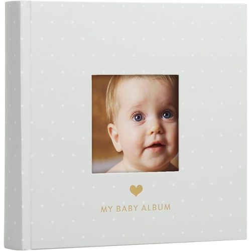 Pearhead Baby Photo Album, Keepsake Baby Memory Book with Photo Pockets, Gray and White Polka Dot Cover