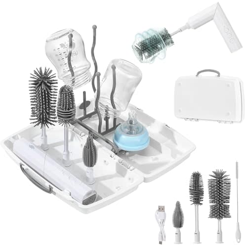 Zooawa Electric Baby Bottle Brush Cleaner,7in1 Travel kit with Rechargeable 90°Folding Elctric Bottle Cleaner & Drainage Box,Food-Grade Silicone,Long Battery Life,Nipple Brush,Straw Brush
