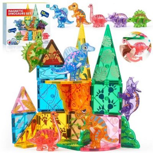 Joyfy 50PCS Magnetic Tiles Set with Dinosaur for Toddlers Kids Age 3-8 Educational STEM Toy Xmas Birthday Party Gift for Boys & Girls Ages 3 4 5 6 7