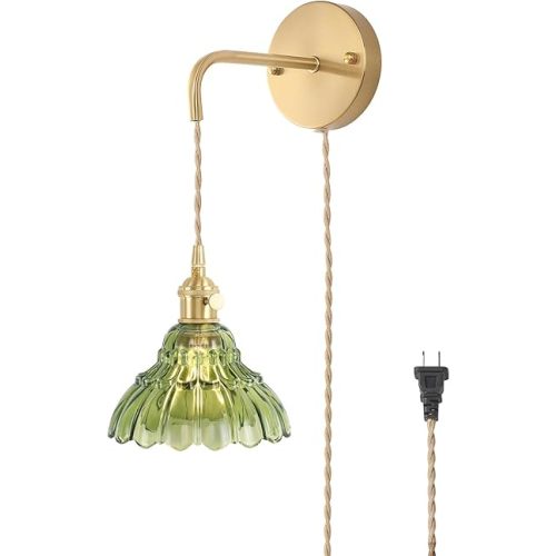 Vintage Wall Sconce with Green Lily of The Valley Glass Shade Hanging Wall Sconce with 4.9FT Plug in Cord, Modern Wall Lamp Fixtures Decor for Bedside Bedroom Indoor Doorway
