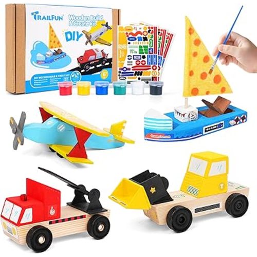 Wooden Build Paint Art Crafts Kit, Make Your Own Car Boat & Plane DIY Craft Toys for Kids Boys, STEM Educational Toy Set