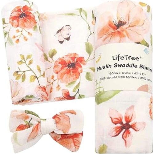 LifeTree Baby Muslin Swaddle Blankets for Boys & Girls, Newborn Swaddle Set with Matching Headband Bow, Infant Blanket Wrap, 47 x 47 inches, Butterfly Floral, 70% Viscose from Bamboo and 30% Cotton