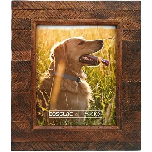 Eosglac Wooden Picture Frame 8x10 inch, Wood Plank Design with Rustic Brown Finish, Wall Mounting or Tabletop Display, Handmade Photo Frame