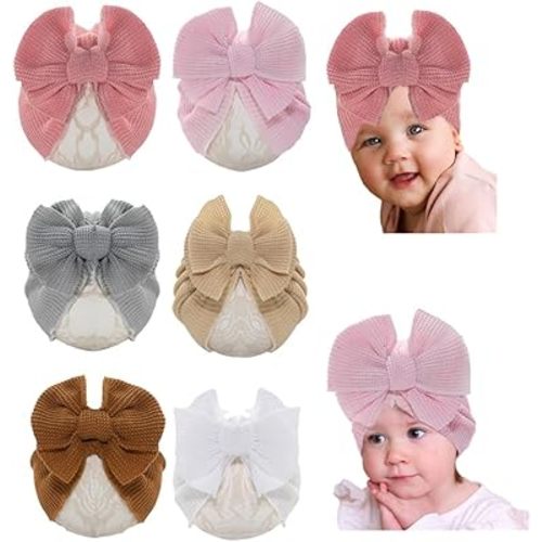 Baby Girls Hair Bow Turban Hat 6PCS Set, Top Bowknot Head Wrap Beanie India Caps for Infant Toddlers