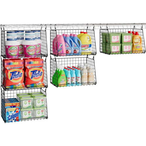 3-Pack Hanging Laundry Baskets, Foldable Metal Wire Shelves with 360° Rotating Hooks, Space-Saving Over Washer/Dryer or Closet Storage for Laundry Room & Closet Organization, Black