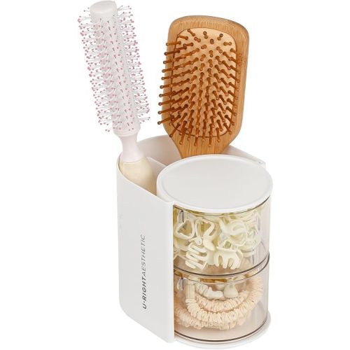 FABROK 2-Layer Clear Hair Accessories Organizer with Hair Brushes Holder, Rotatable Small Jewelry Box for Necklaces、Earring, Desktop Organizer Case for Makeup Brushes, Hair Accessories, Cotton Swab