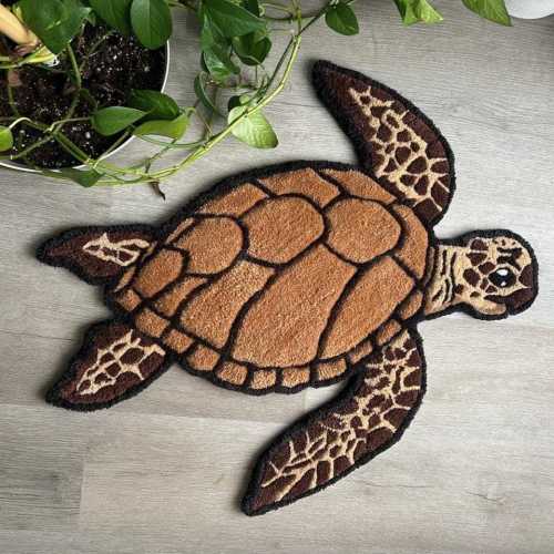Hand-Tufted Sea Turtle Artisan Floor Mat– Nature-Inspired, Soft Durable Carpet for Coastal, Nautical, or Ocean-Themed Home Decor Rug