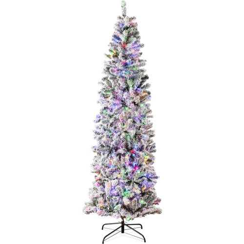 Best Choice Products Flocked Pencil Christmas Tree, Pre-Lit Slim 6ft Artificial Holiday Decoration, 2-in-1 White & Multicolor Lights, Lighted Décor