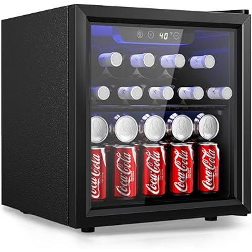EUHOMY 48 Can Beverage Refrigerator cooler-Mini Fridge Glass Door for Beer Drinks Wines, Countertop Beverage Fridge with Adjustable Shelves Blue LED for Home/Office/Dorm/Bar, 1.3 cu.ft