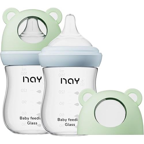 yanyoyo Natural Glass Baby Bottle for Breastfeeding Babies, 5.4oz Anti-Colic Baby Bottle with Natural Response Nipple(S), Clear, Wide Neck, 2 Pack, 1 Months+
