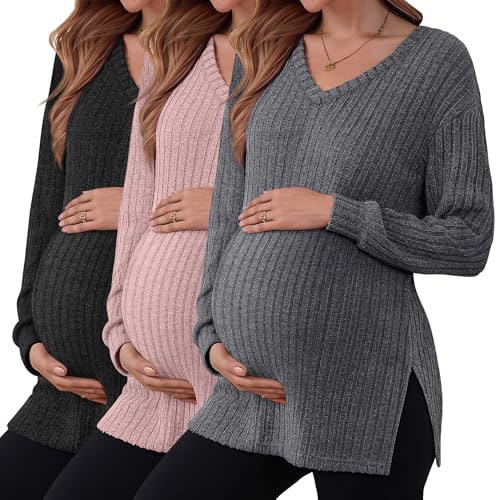 Sweetyweee 3 Pack Women's Ribbed Maternity Shirts, Long Sleeve V Neck Pregnancy Sweaters with Side Split Pregnant Clothes