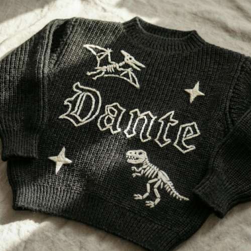 Personalized Baby Sweater, Hand-Embroidered Gothic Skull Name, Spooky Gift