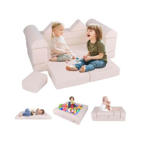 Kids Modular Play Couch Play Set with Suede Fabric Cover High-Density Foam