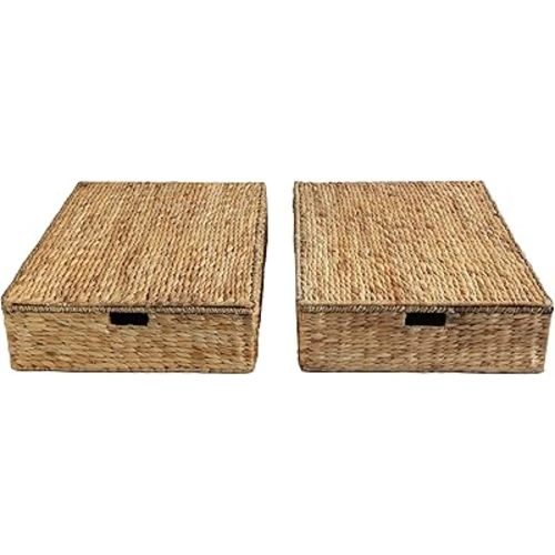 happimess BSK2015A-SET2 Holden 30" Classic Costal Hand-Woven Hyacinth Wicker Under Bed Storage Basket with for Storage and Decoration in Bathroom, Bedroom, Closet, Entryway, Natural (Set of 2)