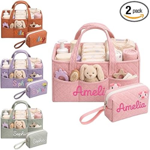 Personalized Baby Diaper Caddy Organizer with Tote Bag Pouch 2 Pcs Set