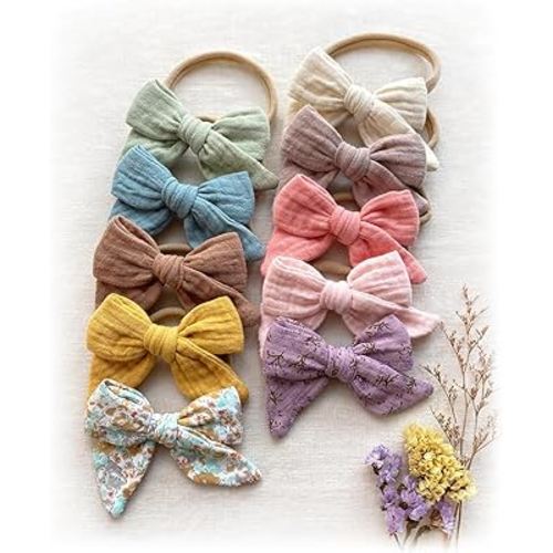 Cherssy Baby Muslin Hair Bows and Headbands, 10pcs Soft Nylon Hairbands for Newborn, Infants, Toddlers