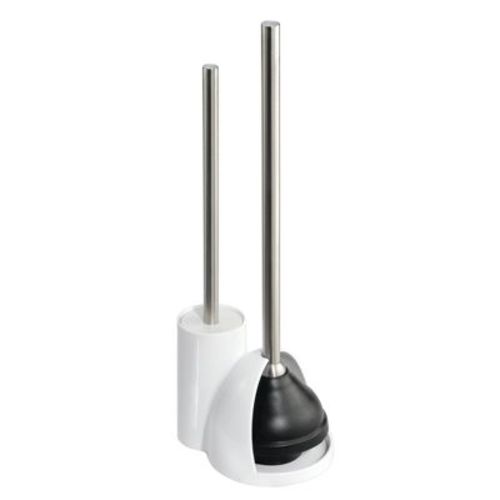iDESIGN Toilet Brush with Holder and Plunger Set White: Durable Plastic