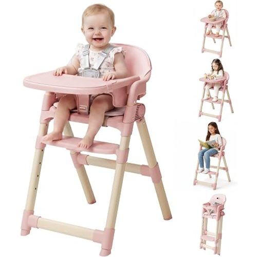 High Chair for Babies and Toddlers, Convertible Baby High Chair with Easy Clean Removable Tray, Multi-Use Foldable Highchair with Adjustable Legs (Pink)