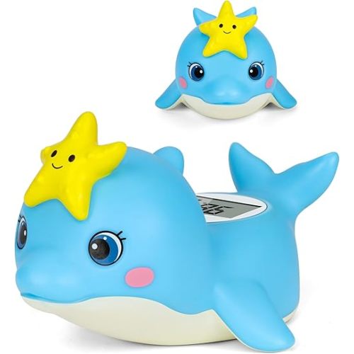 Baby Bath Thermometer, Dolphin Floating Bath Thermometer Baby for Newborns, Waterproof Bath Temperature Monitor with Hot & Cold Safety Alert, Water Temperature Monitor for Baby