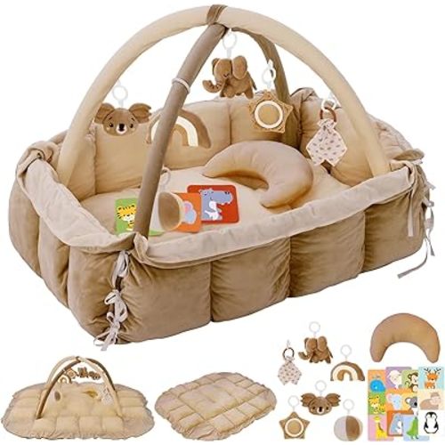 5-in-1 Plush Baby Play Gym, Baby Play Mats, Convertible Baby Gym with Pillow, Tummy time mat, 6 Sensory Toys, Activity Center, Ball Pit, Brown