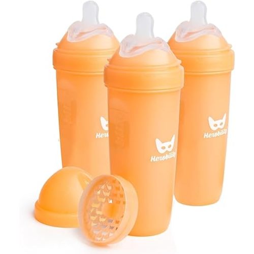 Herobility Anti-Colic Baby Bottles 12 fl oz/340ml - Pack of 3 Plastic Baby Bottles, Fast Flow Plastic Bottles, Breast-Shaped Teat for Breastfed Babies, Small Baby Bottles, Swedish Design, Peach